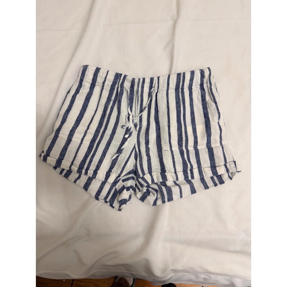 Just Living Navy White Striped Linen Blend Drawstring Shorts S boho cottagecore